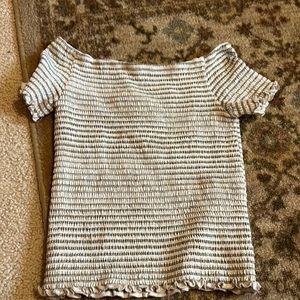 white and black striped ruffled off the shoulder top